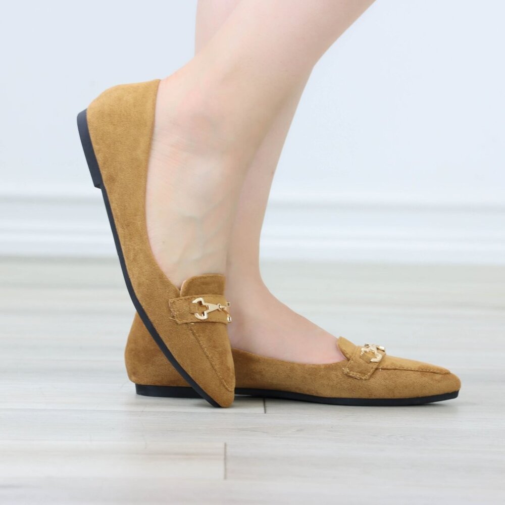 Tan Faux Suede Loafers Pointed Toe Gold Horsebit Slip-On Flats - Picture 4 of 13